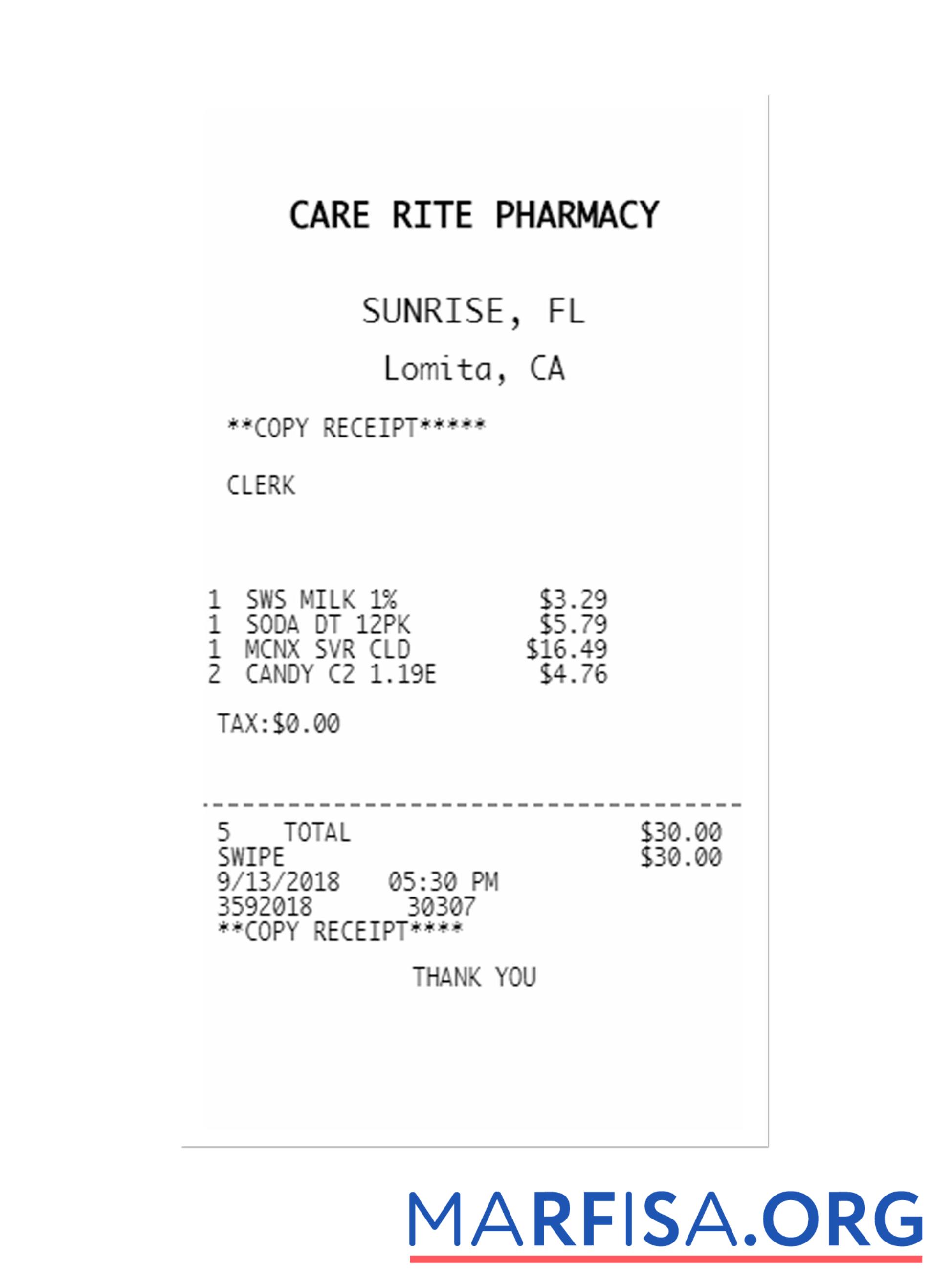 Blank CARE RITE PHARMACY payment check sample